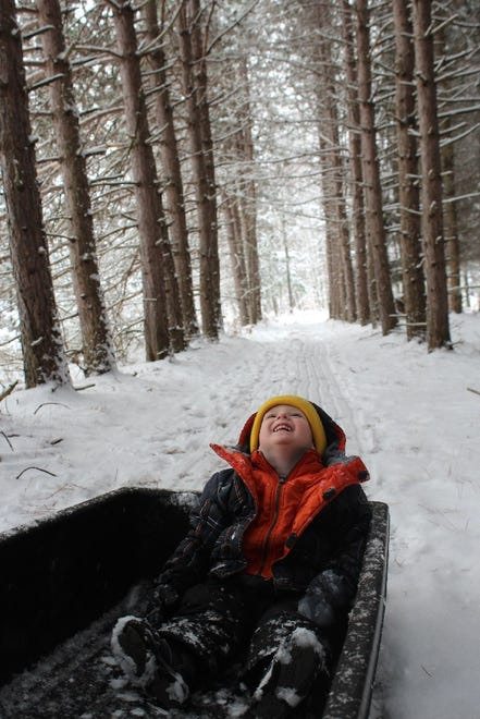 “Pure Joy in Bellaire, MI,” by Michele Murray of Bellaire.  “My two-year-old son Declan loves being outdoors, especially while visiting his grandparents in Bellaire,” she said.  When grandpa puts him in his wood-hauling sled, “Declan loves looking up at the trees while he rides!”