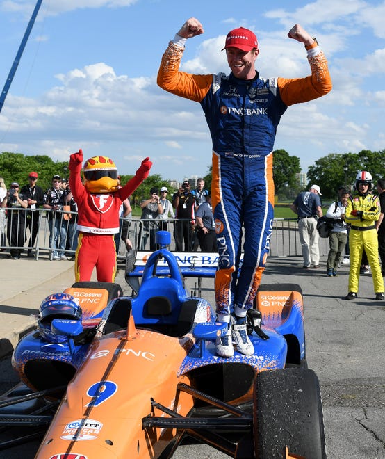 Scott Dixon reacts while getting out of his car after winning the Dual II IndyCar Series Race at the Chevrolet Detroit Belle Isle Grand Prix on Belle Isle in Detroit on June 2, 2019.