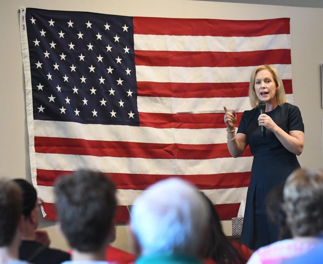 Democratic presidential candidate Sen. Kirsten Gillibrand addresses her audience during a stop on her 'Trump Broken Promises Tour' at the Birmingham Unitarian Church in Bloomfield Hills, Michigan on July 12, 2019. She will also make campaign stops in Lansing and Flint today.