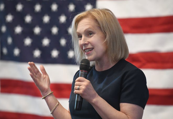 Democratic presidential candidate Sen. Kirsten Gillibrand addresses her audience during a stop on her 'Trump Broken Promises Tour' at the Birmingham Unitarian Church in Bloomfield Hills, Michigan on July 12, 2019. She will also make campaign stops in Lansing and Flint today.