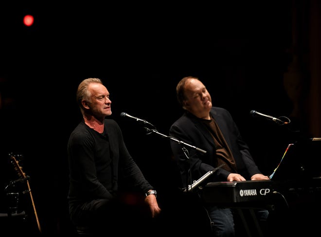 British musician Sting performs a private concert with keyboardist Rob Mathes at the Detroit Opera House.