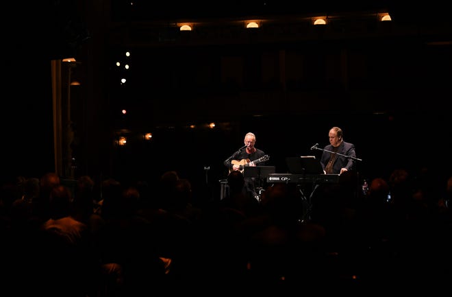 British musician Sting performs a private concert with keyboardist Rob Mathes at the Detroit Opera House.
