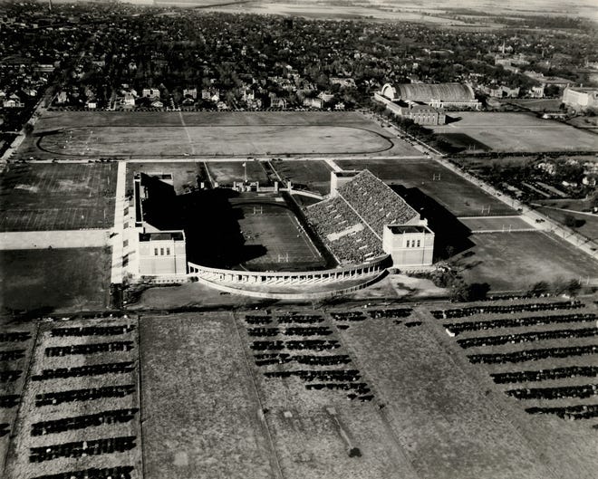 University of Illinois in Champaign, Ill., Nov. 15, 1929. Memorial Stadium was built in 1923 as a memorial to Illinois men and women who gave their lives for their country during World War I. Their names appear on 200 columns that support the east and west sides of the stadium. The stadium has undergone numerous renovations since then.