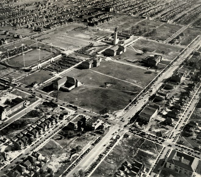 The University of Detroit in Detroit, Oct. 18, 1931. At top, the World War I memorial clock tower was built in honor of the 12 students and alumni who died in the war.