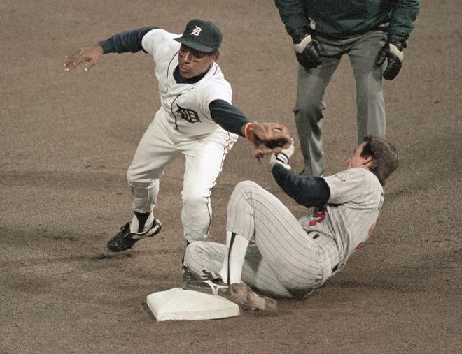 Second baseman Lou Whitaker applies the tag on the Minnesota Twins' Greg Gagne in an Oct. 12, 1987 American League Championship Series in Detroit.
