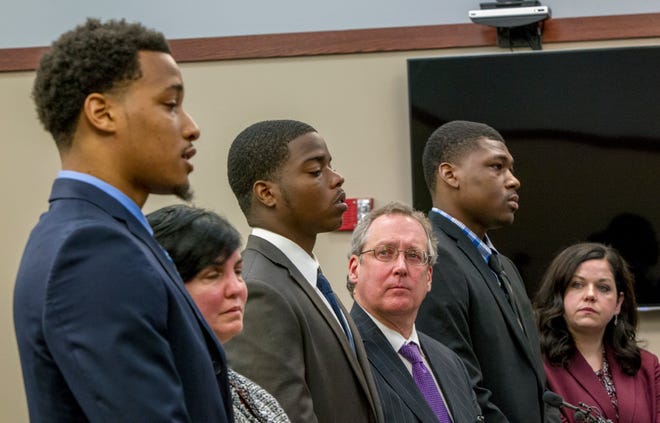 JAN. 16, 2017: At an on-campus party, an alleged sexual assault takes place, involving three members of the football team. 

In this photo, former MSU football players, from left, Demetric Vance, with attorney Mary Chartier, Donnie Corley, with attorney John Shea, and Josh King, with attorney Shannon Smith, appear for their sentencing at Ingham County 30th Circuit Court in Lansing, Mich., on Wednesday, June 6, 2018.