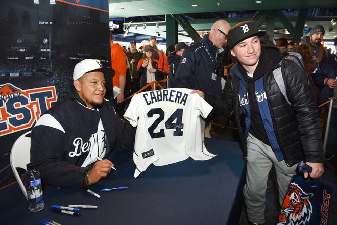 Miguel Cabrera signs autographs during the 2019 TigerFest at Comerica Park.