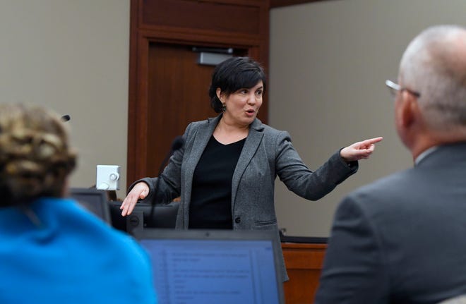 Defense attorney Mary Chartier questions witnesses during the trial of former MSU Gymnastics coach Kathie Klages in Ingham County Circuit Court, February 11, 2020.  Klages is charged with lying to investigators and denies being told by young gymnasts about sexual abuse by Larry Nassar.