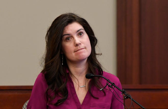 Larissa Boyce, a former patient of Larry Nassar and youth gymnast under Kathie Klages, testifies during the opening day in Klages trial in Ingham County Circuit Court in Lansing, February 11, 2020. Klages, a former Michigan State University gymnastics coach, is accused of lying to police about what she knew about the crimes of sex abuser Larry Nassar.