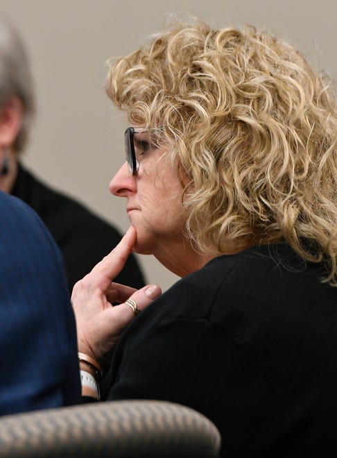 Former MSU Gymnastics coach Kathie Klages listens to testimony in Ingham County Circuit Court, February 11, 2020.  Klages is charged with lying to investigators and denies being told by young gymnasts about sexual abuse by Larry Nassar.