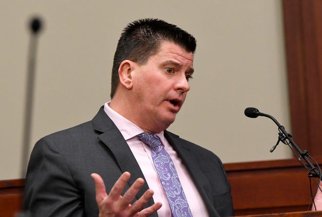 David Dwyre, Supervisory Special Agent at the Michigan Department of Attorney General, testifies during the trial of former MSU Gymnastics coach Kathie Klages in Ingham County Circuit Court, February 11, 2020. Klages is charged with lying to investigators and denies being told by young gymnasts about sexual abuse by Larry Nassar.