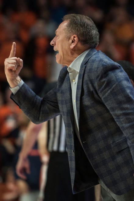 Michigan State Head Coach Tom Izzo reacts on the sideline against Illinois in the second half of an NCAA college basketball game Tuesday, Feb. 11, 2020, in Champaign, Ill. (AP Photo/Holly Hart)
