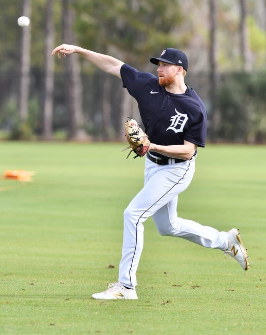 Tigers pitcher Spencer Turnbull warms up at Detroit Tigers spring training with pitchers and catchers workout in Lakeland, Fla. on Feb. 13, 2020.   
(Robin Buckson / Detroit News)