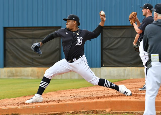 Tigers pitcher Gregory Soto works in the bullpen.