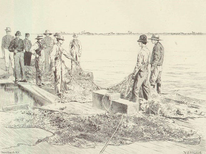 Seine fishermen are depicted on Grassy Island in the Detroit River. Because it involved reeling in the net to shore, seine fishing had the disadvantage of requiring land ownership.
