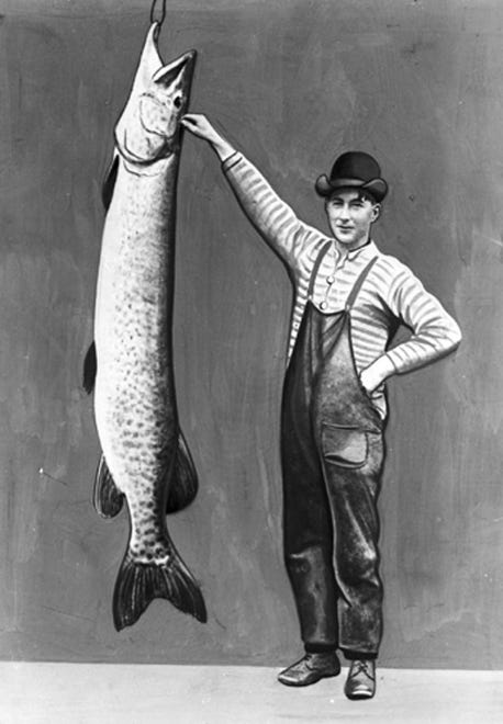 In this photo taken in the 1910s, a fisherman shows off a muskellunge. In 1687 French explorer Lom d'Arce, Baron de La Hontan, wrote that he encountered trout "as big as my thigh" in the Great Lakes.