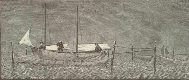 This 1887 illustration was titled "Bailing out the pot" of a pound net in the Detroit River.