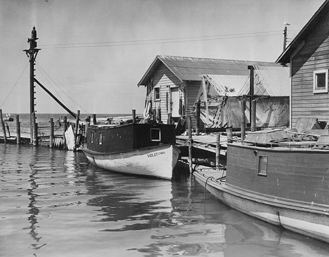Tug boats dock in Leland, Mich. on Lake Michigan in 1932, while gillnets dry on reels.