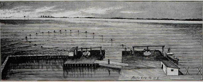 Seine fishing, which employed a large net 30 feet wide and 216 feet long, was the oldest style of commercial fishing on the river. An engraving shows Herbert’s Fishery on the Detroit River, where a herring seine was hauled in and the catch funneled to an enclosure for keeping the fish alive. Two horses on platforms turn the capstans that haul in the ropes attached to the net.