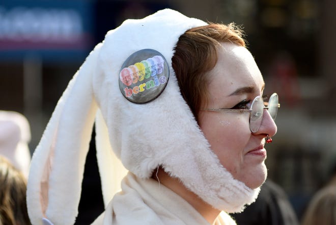 Eastern Michigan University student Liv Carr shows her support for U.S. Senator and presidential candidate Bernie Sanders by wearing a promo button on her rabbit hat, Sunday, March 8, 2020 in Ann Arbor, Mich.