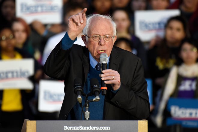 U.S. Senator and presidential candidate Bernie Sanders addresses the crowd on the campus of The University of Michigan, Sunday, March 8, 2020 in Ann Arbor, Mich.