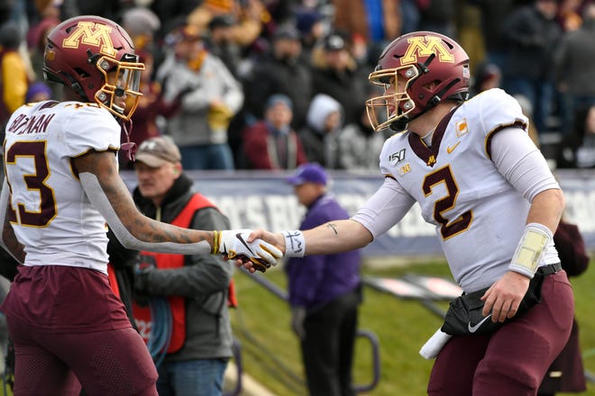 Oct. 31, vs. Minnesota (11-2, 7-2 Big Ten in 2019): Coach P.J. Fleck hired a new offensive coordinator at Minnesota this offseason, Mike Sanford Jr., and Sanford has a lot to work with, especially in the passing game. Quarterback Tanner Morgan (right) threw 30 touchdowns and only seven interceptions last season while wide receiver Rashod Bateman (left) reeled in 60 catches for 1,219 yards and 11 scores. Minnesota is too high-powered on offense for Michigan State to overcome. Prediction: Loss
