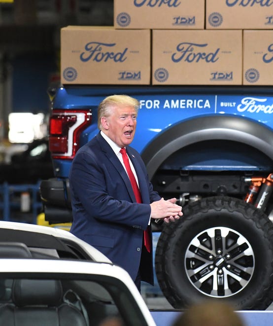 President Donald J. Trump comes out to applause to make remarks after touring the Ford Motor Company Rawsonville Components Plant, one of the many repurposed American factories producing personal protective equipment and ventilators in the fight against the COVID-19 pandemic in Ypsilanti, Michigan on May 21, 2020.