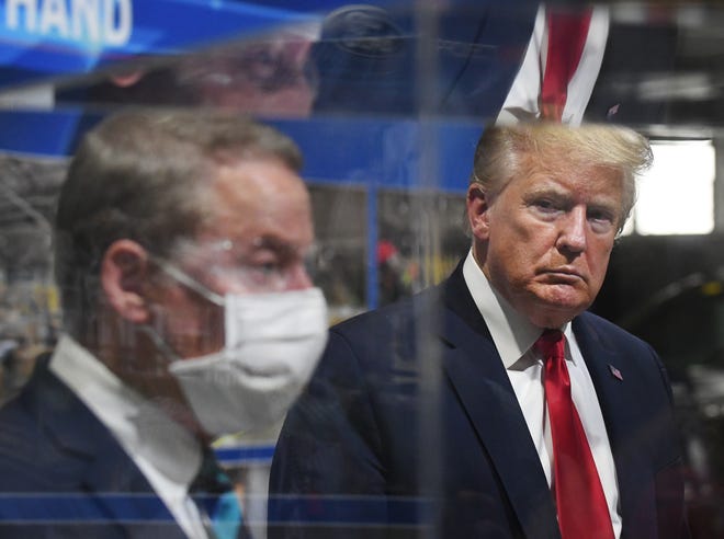 President Donald J. Trump and Executive Chairman of Ford Motor Company Bill Ford Jr. during a tour of the Ford Motor Company Rawsonville Components Plant.