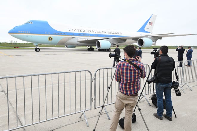 Air Force One and President Donald Trump lands at Detroit Metropolitan Airport for a tour of Ford Motor Company Rawsonville Components Plant, one of the many repurposed American factories producing personal protective equipment and ventilators in the fight against the COVID-19 pandemic in Ypsilanti, Michigan on May 21, 2020.