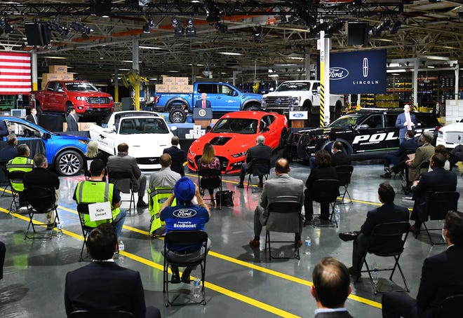 President Donald J. Trump has remarks with a small audience practicing social distancing after touring the Ford Motor Company Rawsonville Components Plant, one of the many repurposed American factories producing personal protective equipment and ventilators in the fight against the COVID-19 pandemic in Ypsilanti, Michigan on May 21, 2020.