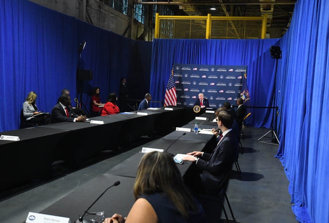President Donald J. Trump  participates in a listening session with African American leaders before touring the plant.