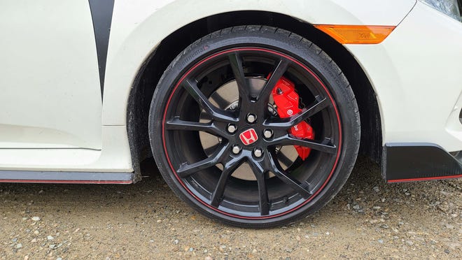 The 2020 Honda Civic Type R gets two-piece rotors for better stopping ability. The car can stop from 70 mph in just 147 feet.