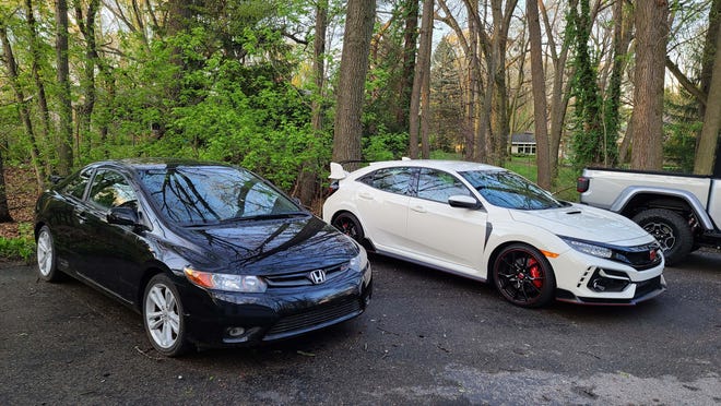 Rad vs. past. The 2006 Honda Civic Si, left, and 2020 Honda Civic Type R contrast the Civic's evolution in styling.
