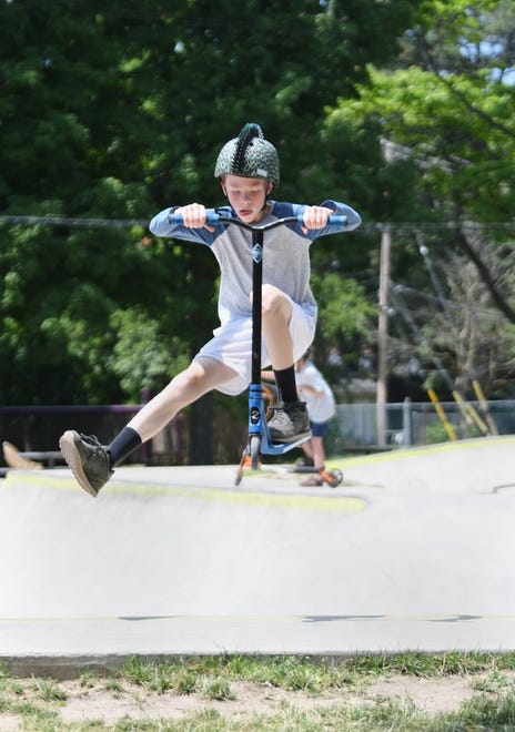 Ben Wicke,10, of Ferndale, practices his moves at the new skate park inside Geary Park in Ferndale, June 30, 2020.