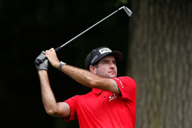 Bubba Watson drives the ball during a nine-hole exhibition.