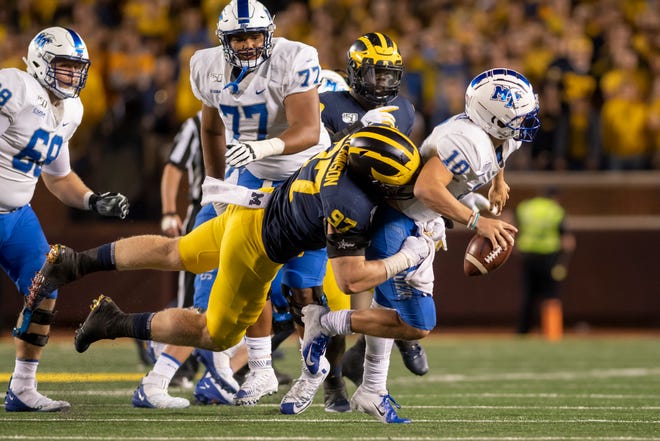 Aidan Hutchinson, DE, Michigan: The former Dearborn Divine Child standout broke out last year as a sophomore and showed a knack for getting into the backfield. He tallied 68 tackles, 10.5 tackles for loss, 4.5 sacks, six pass breakups and two forced fumbles to go along with 46 pressures and 28 run stops. Hutchinson is the Big Ten's highest-graded returning edge defender, per Pro Football Focus, and is expected to be one of Michigan's main defensive contributors.