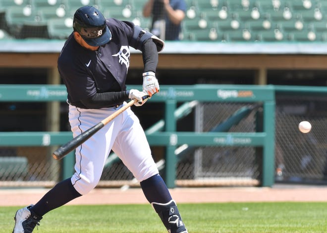 Tigers designated hitter Miguel Cabrera singles during an intrasquad game Thursday.