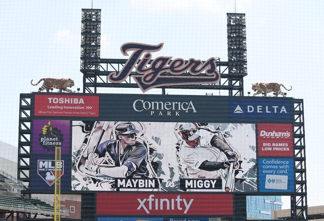 Graphics on the scoreboard for the intrasquad game. Detroit Tigers Summer Camp work out at Comerica Park in Detroit on July 9, 2020.