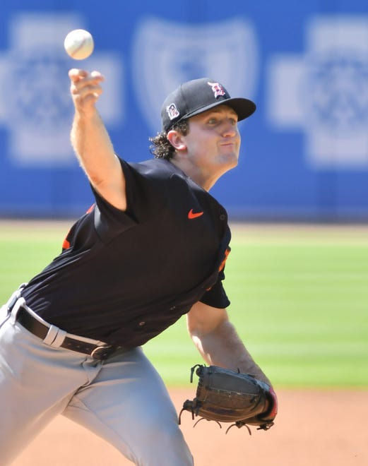 Tigers pitcher Casey Mize works on the mound.
