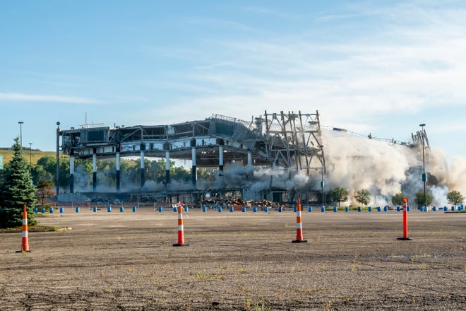 The Palace of Auburn Hills undergoes a controlled demolition, July 11, 2020.