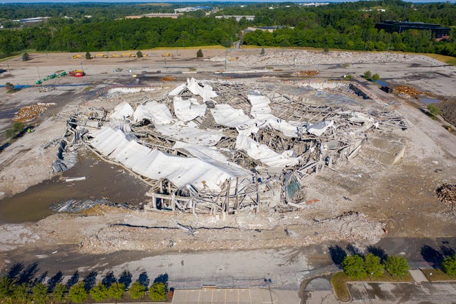 The Palace of Auburn Hills lies in rubble after being destroyed in a controlled demolition, July 11, 2020.