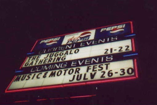 The marquee outside the Novi Expo Center during the first Gathering of the Juggalos in July 2000.