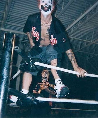The Insane Clown Posse's Shaggy 2 Dope and Violent J in a wrestling ring -- before it collapsed -- at the first Gathering of the Juggalos festival.