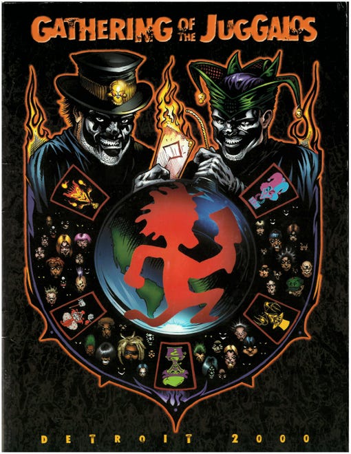 Cover of the program for the Insane Clown Posse's first Gathering of the Juggalos convention at the Novi Expo Center, July 21st and 22nd, 2000.