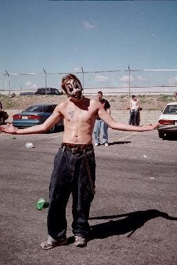 "What, me worry?" A fan shrugs at the first Gathering of the Juggalos festival.
