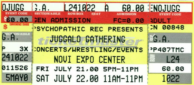 Ticket stub for the first Gathering of the Juggalos convention at the Novi Expo Center, July 21st and 22nd, 2000.