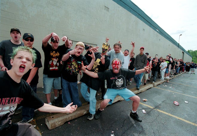 Fans wait outside the Novi Expo Center at the first Gathering of the Juggalos in July 2000.