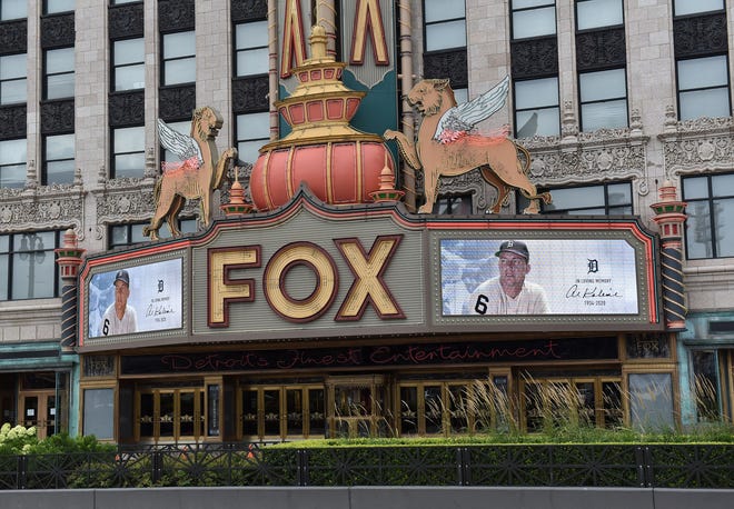 A tribute to Al Kaline is displayed on the marquis of the Fox Theatre in Detroit before the Tigers' home opener at Comerica Park in Detroit on July 27, 2020.