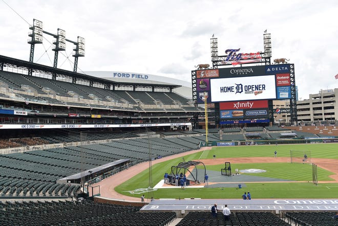 The Kansas City Royals take batting practice inside an almost empty Comerica Park before the home opener in Detroit,  July 27, 2020.