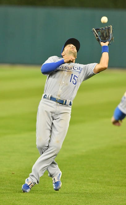 Royals second baseman Whit Merrifield catches a pop up off the bat of Tigers ' JaCoby Jones in the eighth inning.